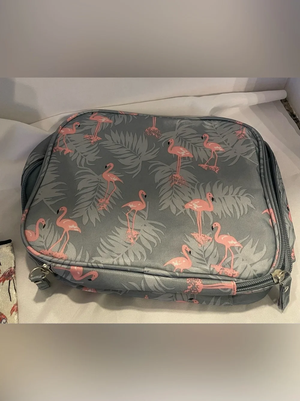 Flamingo print travel toiletry/cosmetic bag + matching small wristlet pouch set.